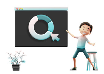Animated Character Presenting Teal Donut Chart on Screen with Plant on Transparent Background