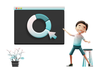 Animated Character Presenting Teal Donut Chart on Screen with Plant on Transparent Background