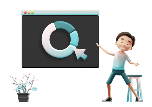 Animated Character Presenting Teal Donut Chart on Screen with Plant on Transparent Background