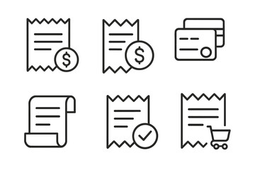 Store receipt line icon pack with editable stroke, minimalistic linear pictograms for cards, apps, banners, posts, and digital design, vector cartoon illustration set