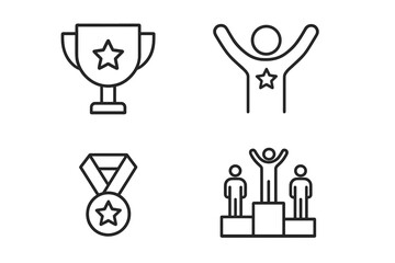 Winner and pedestal line icons collection with trophy, medal, and champion figures. Editable stroke vector illustration for web, apps, cards, books, and design projects.
