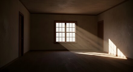 Fototapeta premium Empty Room with Sunlight Through Window & Shadows - Minimalist Interior, Natural Light, Serene Space, Hope
