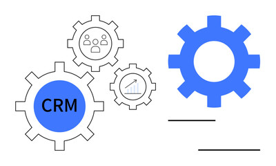 Gears with CRM, team network, analytics graph, and growth elements symbolizing connected processes. Ideal for business, collaboration, growth strategy, CRM system, teamwork automation