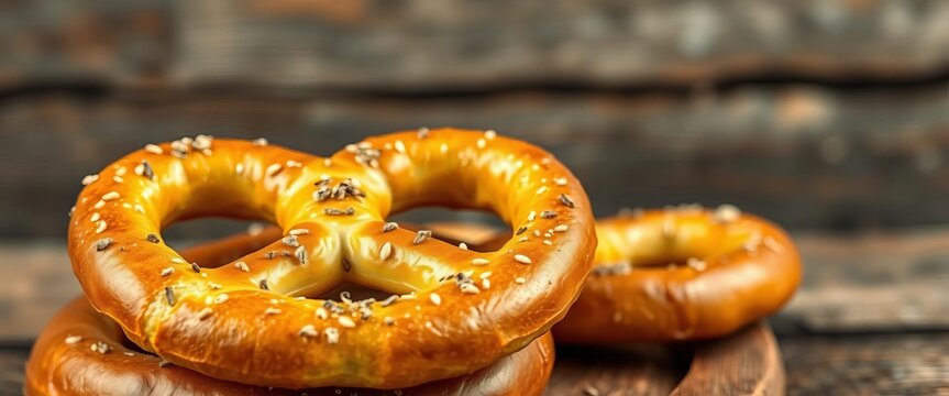 Golden brown pretzel sprinkled with cumin seeds, rustic background, texture, close up