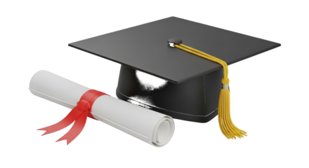 Graduation Cap and Diploma with Red Ribbon isolated on a transparent background mortarboard