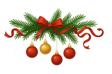 Christmas festive garland decorating with pine branches, red bow, ribbon, and holiday baubles on transparent background