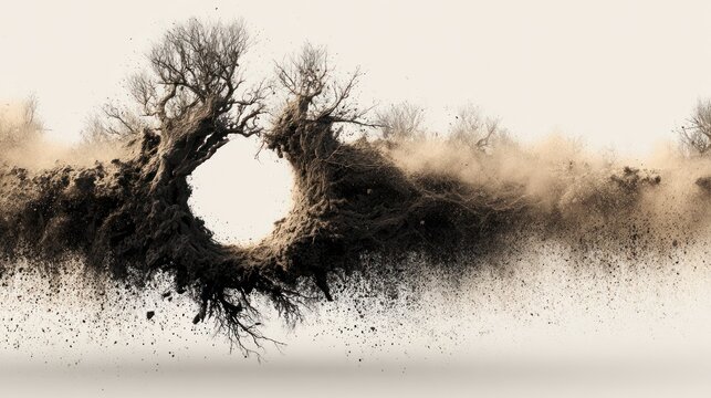 Abstract tree formation with a hole and dynamic dust monochrome aesthetic