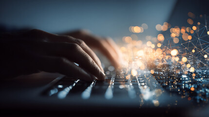 Fingers typing on a laptop keyboard with glowing digital network overlay hands technology