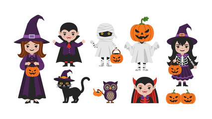 Whimsical Halloween Characters Collection: A delightful array of playful Halloween figures and decorations in a vibrant, illustrated scene. Capturing the essence of the holiday.