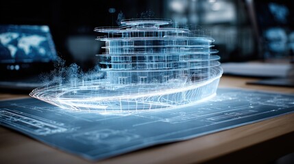 A detailed architectural blueprint of a yacht design is laid out on a desk. Digital overlays reveal structural elements and features, showcasing innovative design aspects