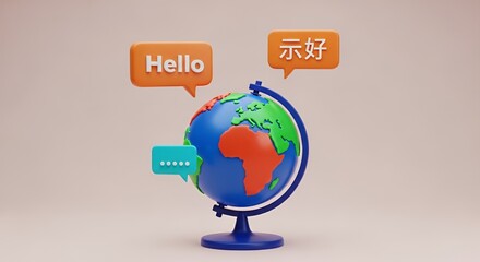 Colorful globe with multilingual Translation speech bubbles saying Hello and 你好 representing global communication and language diversity. 