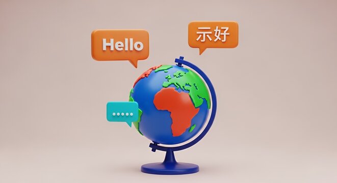 Colorful globe with multilingual Translation speech bubbles saying Hello and 你好 representing global communication and language diversity. 