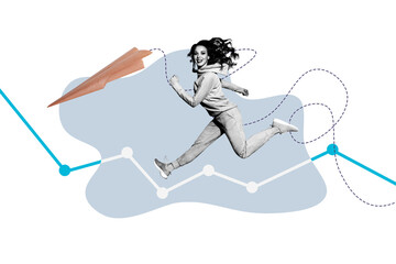 Fototapeta premium Creative abstract template collage of funny young female running graph career data unusual fantasy billboard comics