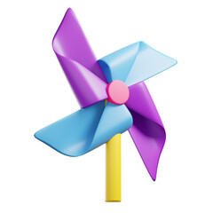 Colorful Pinwheel Toy on Transparent Background 3D Render with Light Purple and Blue Blades Pink Center and Yellow Pole Toy Concept