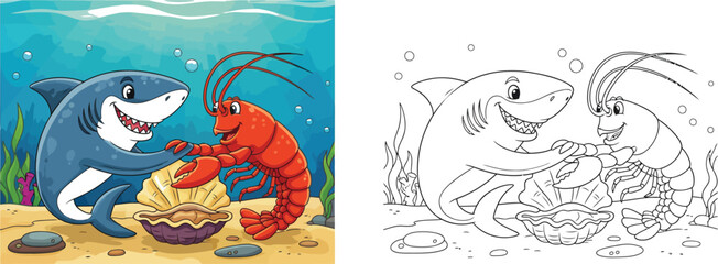 Cute Cartoon Shark and Lobster Dancing Underwater with Seashell