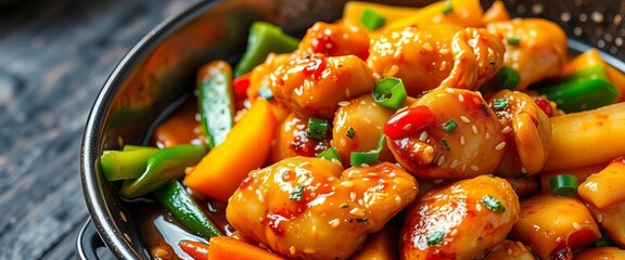 Sizzling garlic chicken stir-fry with vibrant vegetables, glistening sauce,  stir fry,  appetizing