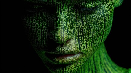 The woman's face is softly lit by green glowing binary code, creating a digital and futuristic look. This editorial piece captures the blend of technology and human beauty