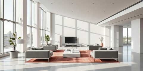 Spacious minimalist lounge, neutral tones, large windows, clean lines, sleek furniture,   apartment,  airy
