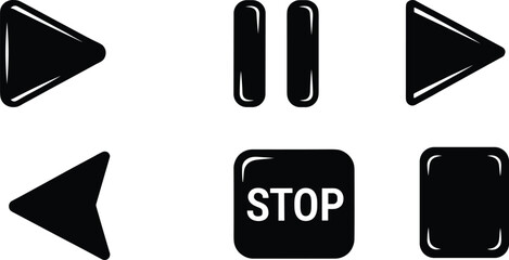 Media control icons set, rewind triangle, pause symbol, play button, stop square, back navigation, eject button, video music player illustration