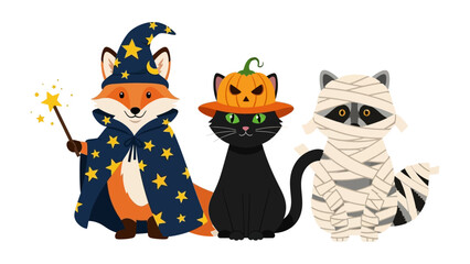 Whimsical Halloween Friends: Cute animals donned in halloween costumes, a wizard fox, pumpkin cat, and mummy raccoon, stand ready for a night of trick-or-treating fun.
