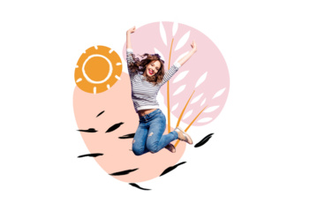 Creative picture collage young jumping happy woman summer environment sunny weather positive mood outdoors park weekend leisure