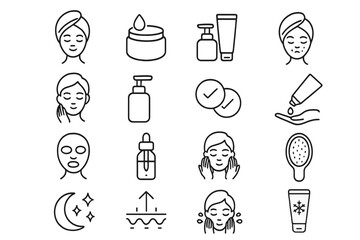 Skin care line icon bundle. Vector symbols for beauty and cosmetic routine. Face treatment, cream, serum, acne, washing, sheet mask. Pictograms for web, apps, design.