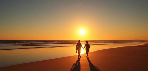 Silhouettes of two figures stroll hand-in-hand along a sun-drenched beach at sunset, hand-in-hand, beautiful