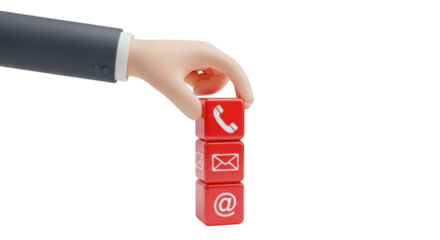 Hand stacking contact icons on red cubes isolated on a transparent background communication