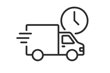 Fast delivery truck icon. Express shipping service symbol. On-time logistics and transport concept. Van with clock for urgent package delivery. Speed freight vector illustration.