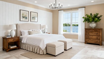 Modern neutral bedroom with king bed, elegant furnishings, and water view