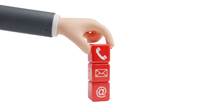 Hand stacking contact icons on red cubes isolated on a transparent background communication