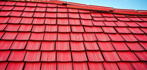 Rustic weathered red wood shingle roof, showing texture and age,  wood grain,   surface