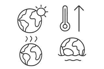 Global warming icon set. Climate change signs. Temperature rise. Sea level rise. Greenhouse gas effect. Ecology disaster. Planet earth heat. Environmental problem outline icons.