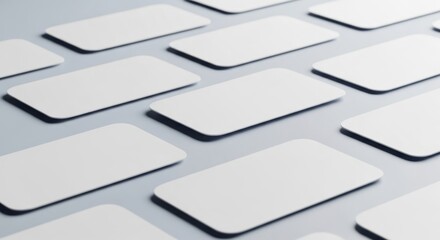 Minimalist arrangement of blank white rectangular cards with rounded corners, creating a clean and modern pattern on a light gray background