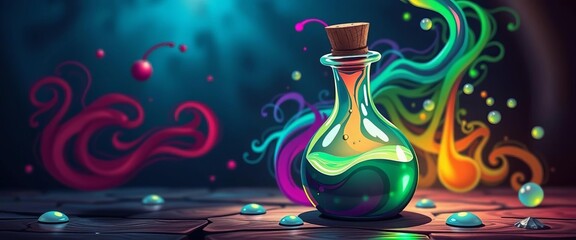 Whimsical cartoon magic potion bottle, swirling colors, bubbling liquid, fantasy style,  sparkling,  swirling