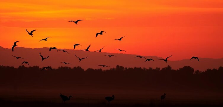 Silhouetted birds against vibrant sunset hues, Keoladeo Ghana National Park, Rajasthan,   Indian birds,  Keoladeo Ghana
