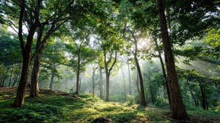 lush green forest with morning sunlight, clean air and nature preservation theme, minimalistic atmosphere