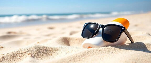 Sunscreen bottle with sunglasses on sandy beach, summer sun protection,   waves,  cap