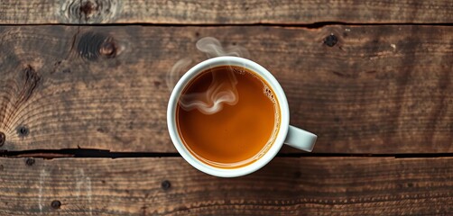 Overhead view of steaming coffee in a white cup on a rustic wooden table, delicious, comfort