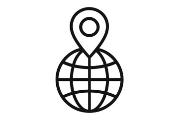 Globe with map pin icon. Global location, position, and navigation symbol. World map geotag for travel and business. Vector line art for web, app, and destination concepts.