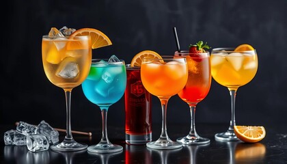 Elegant glassware with ice and colorful cocktails on dark background,  pub,  wine
