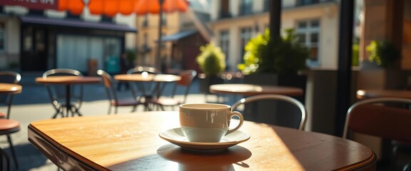 Sunlight warms a Parisian cafe table; coffee cup and flaky pastry sit ready,   aesthetic,   ambiance