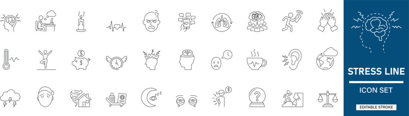 stress icon set featuring tired, overwhelmed, pressure, confusion, mind, stressed, frustration, burnout, tension, fatigue, workload, anxiety, and emotional strain symbols for wellness design.