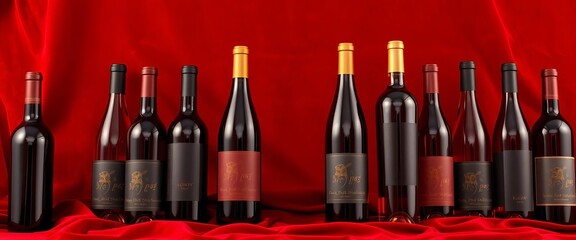 Several bottles of red wine arranged on a rich red velvet background,  pinot noir,  texture