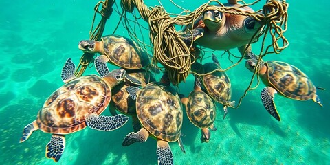 Seven sea turtles entangled in a discarded fishing net, struggling to escape,  marine conservation,  turtle