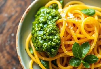 Vibrant green pesto clinging to golden tagliatelle pasta, closeup, dish