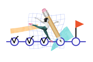 Creative image picture collage young funky joyful ballerina dancer success path achieve goal aim destination flag drawing background