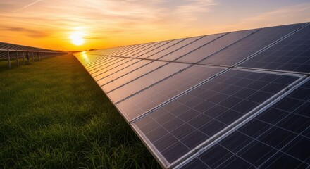 Expansive solar farm with rows of photovoltaic panels stretching towards the horizon at sunset, glowing in warm light