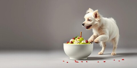 White dog leaps toward green dessert bowl, soft gray background,  active,   whimsical