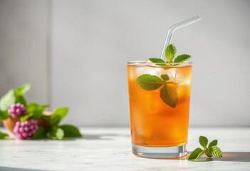 Refreshing peppermint iced tea with mint sprigs & glass straw in minimalist setting,   green, iced tea